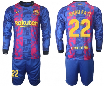 Men 2021-2022 Club Barcelona Second away blue Long Sleeve 22 Soccer Jersey