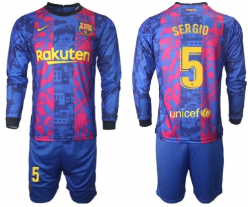 Men 2021-2022 Club Barcelona Second away blue Long Sleeve 5 Soccer Jersey