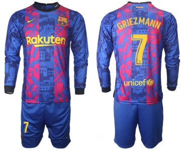 Men 2021-2022 Club Barcelona Second away blue Long Sleeve 7 Soccer Jerseys