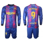 Men 2021-2022 Club Barcelona Second away blue Long Sleeve 9 Soccer Jerseys