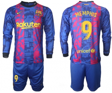 Men 2021-2022 Club Barcelona Second away blue Long Sleeve 9 Soccer Jerseys