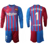 Men 2021-2022 Club Barcelona home red blue Long Sleeve 1 Nike Soccer Jersey