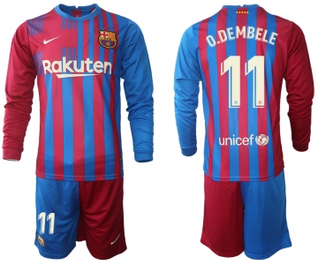 Men 2021-2022 Club Barcelona home red blue Long Sleeve 11 Nike Soccer Jersey