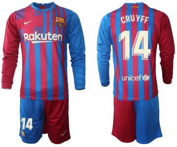 Men 2021-2022 Club Barcelona home red blue Long Sleeve 14 Nike Soccer Jersey