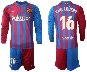 Men 2021-2022 Club Barcelona home red blue Long Sleeve 16 Nike Soccer Jersey