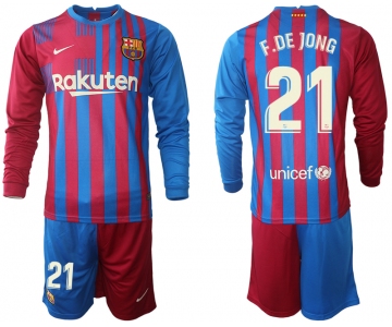 Men 2021-2022 Club Barcelona home red blue Long Sleeve 21 Nike Soccer Jersey