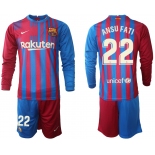 Men 2021-2022 Club Barcelona home red blue Long Sleeve 22 Nike Soccer Jersey