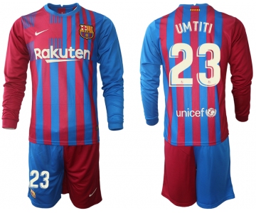 Men 2021-2022 Club Barcelona home red blue Long Sleeve 23 Nike Soccer Jersey