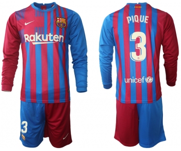 Men 2021-2022 Club Barcelona home red blue Long Sleeve 3 Nike Soccer Jersey