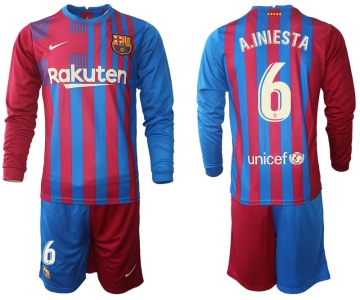 Men 2021-2022 Club Barcelona home red blue Long Sleeve 6 Nike Soccer Jersey