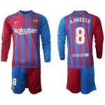 Men 2021-2022 Club Barcelona home red blue Long Sleeve 8 Nike Soccer Jerseys