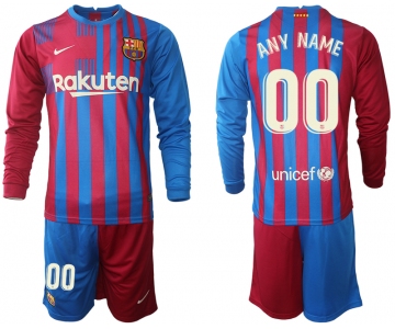 Men 2021-2022 Club Barcelona home red blue Long Sleeve customized Nike Soccer Jersey