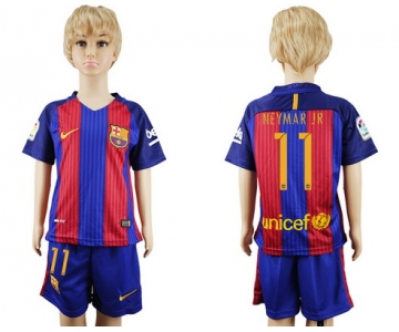 2016-17 Barcelona #11 NEYMAR JR Home Soccer Youth Red and Blue Shirt Kit