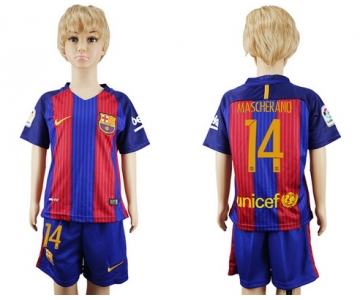 2016-17 Barcelona #14 MASCHERANO Home Soccer Youth Red and Blue Shirt Kit