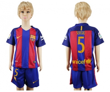 2016-17 Barcelona #5 SERGIO Home Soccer Youth Red and Blue Shirt Kit