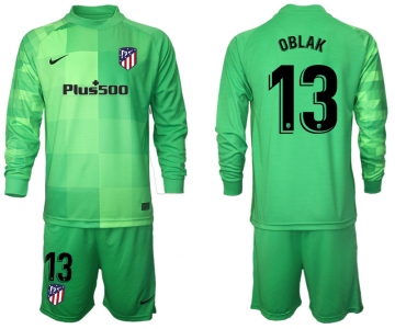 Men 2021-2022 Club Atletico Madrid green goalkeeper Long Sleeve 13 Soccer Jersey