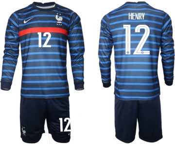 Men 2021 European Cup France home blue Long sleeve 12 Soccer Jersey