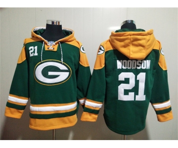 Men's Green Bay Packers #21 Charles Woodson Green Lace-Up Pullover Hoodie