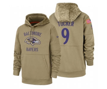 Baltimore Ravens #9 Justin Tucker Nike Tan 2019 Salute To Service Name & Number Sideline Therma Pullover Hoodie