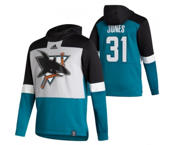 San Jose Sharks #31 Martin Jones Adidas Reverse Retro Pullover Hoodie Gray Teal