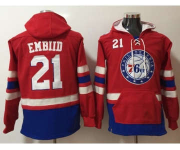 76ers #21 Joel Embiid Red Name & Number Pullover NBA Hoodie