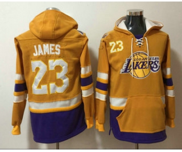 Men's Los Angeles Lakers #23 LeBron James Yellow Pocket Stitched NBA Pullover Hoodie