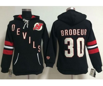 New Jersey Devils #30 Martin Brodeur Black Women's Old Time Heidi NHL Hoodie