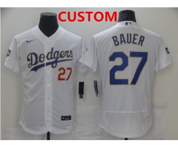 Men's Los Angeles Dodgers Custom White Gold Champions Patch Stitched MLB Flex Base Nike Jersey