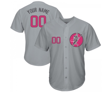 Cubs Gray Men's Customized Pink Logo Cool Base New Design Jersey