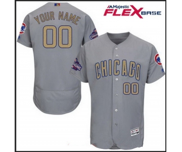 Men's Chicago Cubs Gray Road 2016 World Series Champions Patch Gold Program Majestic 2017 Flex Base Custom Baseball Jersey