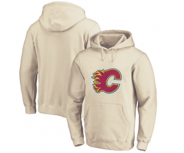 Calgary Flames Cream Men's Customized All Stitched Pullover Hoodie