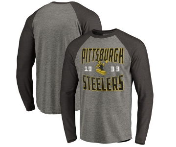 Pittsburgh Steelers NFL Pro Line by Fanatics Branded Timeless Collection Antique Stack Long Sleeve Tri-Blend Raglan T-Shirt Ash