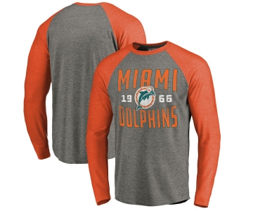 Miami Dolphins NFL Pro Line by Fanatics Branded Timeless Collection Antique Stack Long Sleeve Tri-Blend Raglan T-Shirt Ash