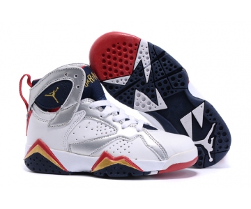 Wholesale Cheap Kids' Air Jordan 7 Retro Shoes White/silver-blue-red-gold