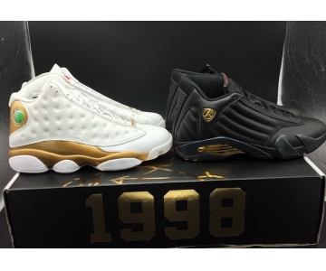 Wholesale Cheap Jordan 13&14 Retro DMP Pack Shoes White Gold/Black Gold