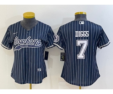 Women's Dallas Cowboys #7 Trevon Diggs Navy Blue Pinstripe With Patch Cool Base Stitched Baseball Jersey