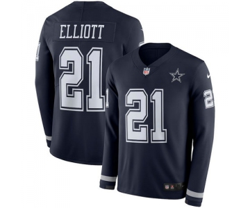 Men Nike Dallas Cowboys 21 Ezekiel Elliott blue Therma Long Sleeve Jersey