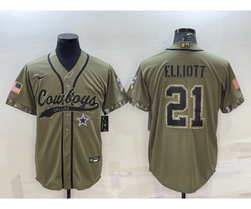 Men's Dallas Cowboys #21 Ezekiel Elliott 2022 Olive Salute to Service Cool Base Stitched Baseball Jersey