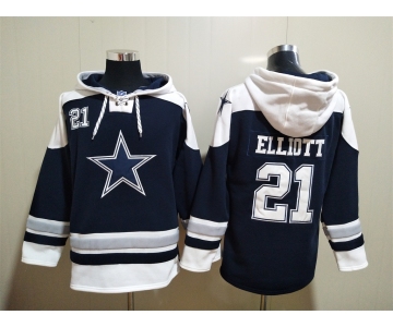 Men's Dallas Cowboys #21 Ezekiel Elliott Navy Blue Ageless Must Have Lace Up Pullover Hoodie