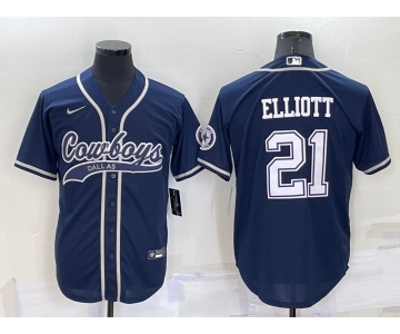 Men's Dallas Cowboys #21 Ezekiel Elliott Navy Blue Stitched Cool Base Nike Baseball Jersey