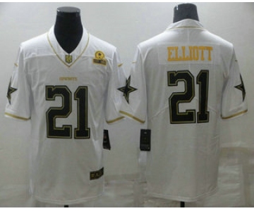 Men's Dallas Cowboys #21 Ezekiel Elliott White 60th Patch Golden Edition Stitched NFL Nike Limited Jersey