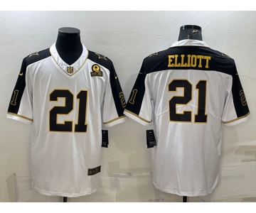 Men's Dallas Cowboys #21 Ezekiel Elliott White Gold Edition With 1960 Patch Limited Stitched Football Jersey