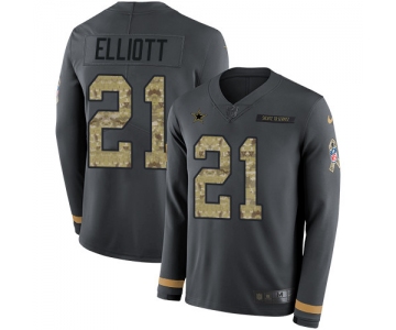 Nike Cowboys #21 Ezekiel Elliott Anthracite Salute to Service Men's Stitched NFL Limited Therma Long Sleeve Jersey