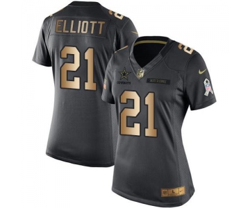 Nike Cowboys #21 Ezekiel Elliott Black Women's Stitched NFL Limited Gold Salute to Service Jersey