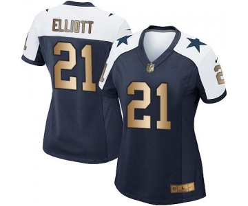 Nike Cowboys #21 Ezekiel Elliott Navy Blue Thanksgiving Throwback Women's Stitched NFL Elite Gold Jersey