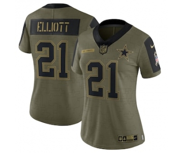 Women's Dallas Cowboys #21 Ezekiel Elliott Nike Olive 2021 Salute To Service Limited Player Jersey