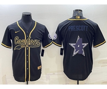 Men's Dallas Cowboys #4 Dak Prescott Black Gold Team Big Logo With Patch Cool Base Stitched Baseball Jersey