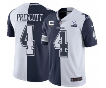 Men's Dallas Cowboys #4 Dak Prescott Split Navy White With C Patch And 1960 Patch Limited Stitched Jersey