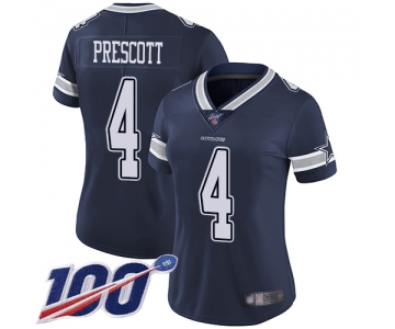 Nike Cowboys #4 Dak Prescott Navy Blue Team Color Women's Stitched NFL 100th Season Vapor Limited Jersey