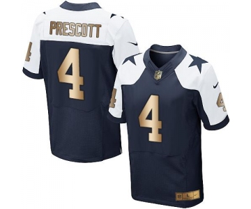 Nike Cowboys #4 Dak Prescott Navy Blue Thanksgiving Throwback Men's Stitched NFL Elite Gold Jersey